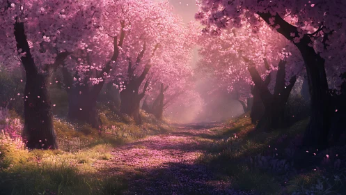 Sunlit cherry blossom lane with drifting pink petals.