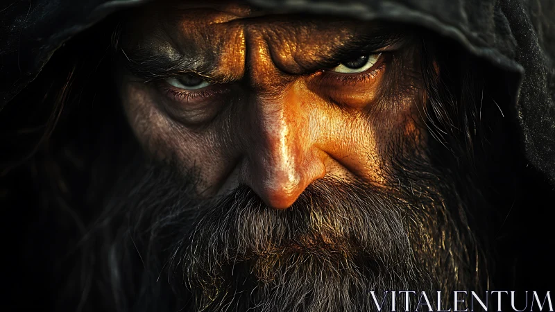 Storm-eyed wanderer beneath a weathered midnight hood.