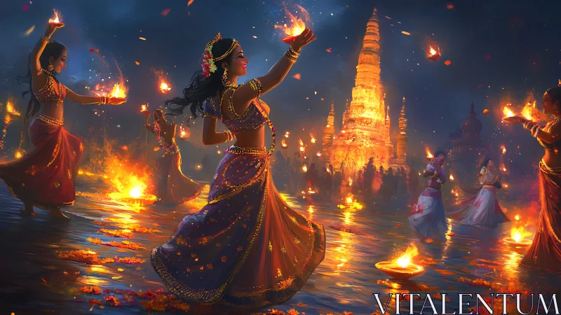 Dancers carry temple flames across reflective festival water