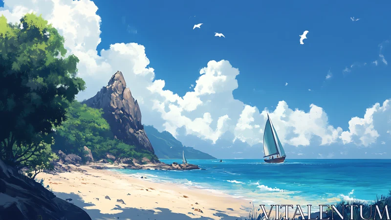 Sunlit tropical cove with sailing boat under bright skies.