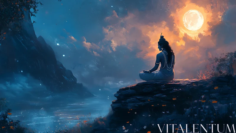 Moonlit meditative deity on cliffside above reflective lake.