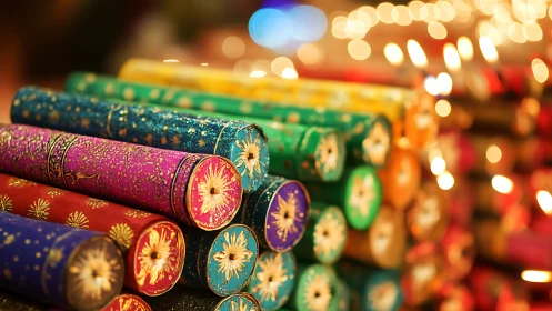 Photorealistic festive crackers in stacked cylindrical composition.