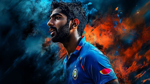 Cricket star in blue framed by fiery, electric energy.