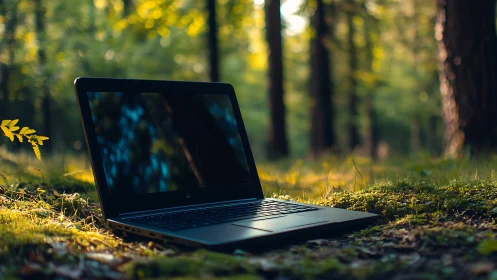 Closed ultrabook on forest floor under shallow depth-of-field bokeh