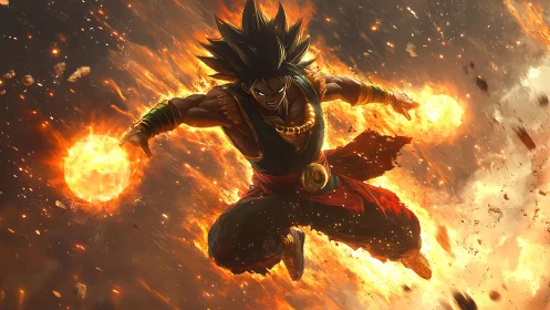 Male fighter descends through fire while generating twin orbs