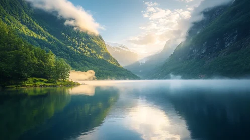 Sunlit mountain fjord with mist over calm reflective lake.