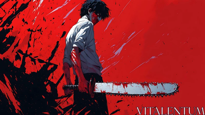 Kinetic anime figure wielding bloodied chainsaw on red field.