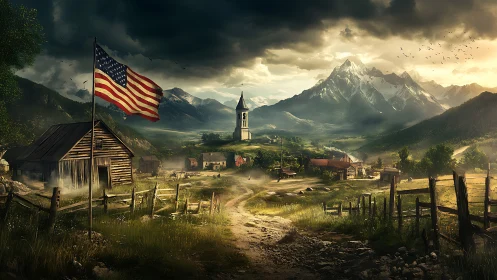 Stormlit frontier valley under watchful flag and distant spire.