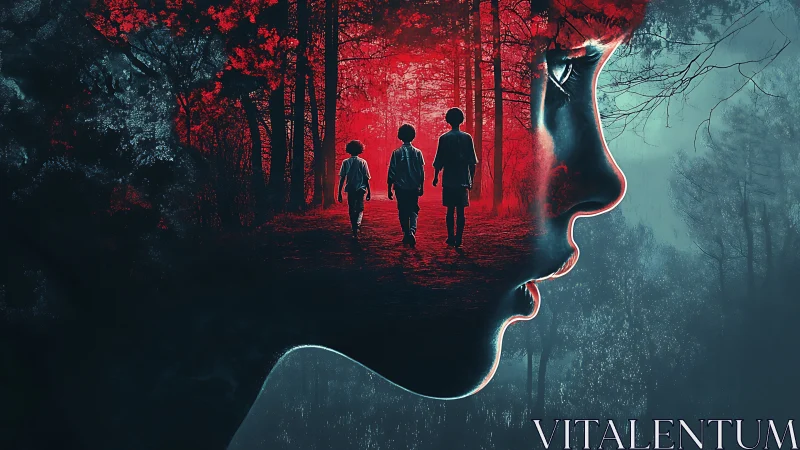 Childhood echoes in a crimson dream forest of memory.