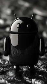 Glossy black android robot figure on textured surface.