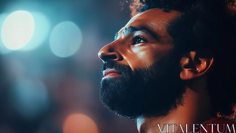 Side profile portrait of bearded man under stadium lights.