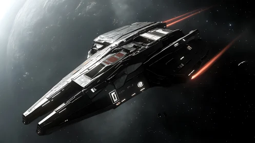 Twin-hull deep space interceptor with plasma exhaust trails.