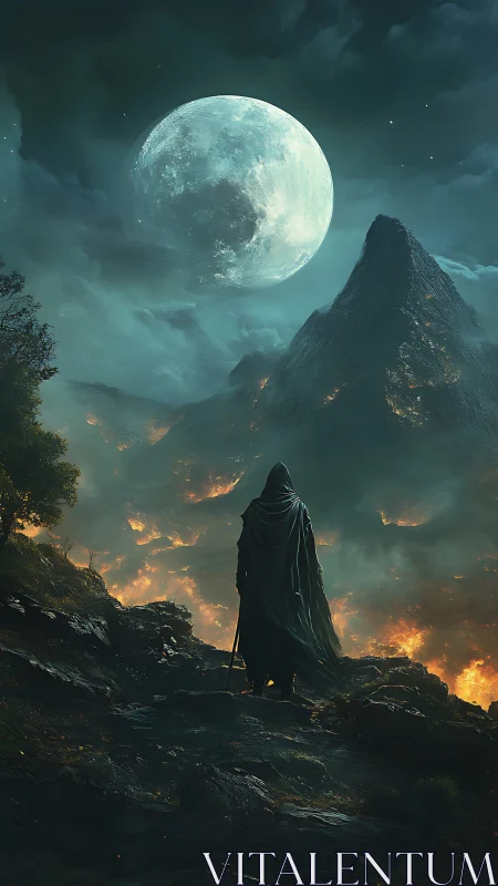 Hooded wanderer overlooks burning valley under vast moon