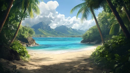 Tropical beach cove framed by palms and mountain peaks.