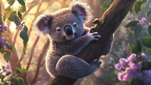 Dreamy koala drifts to sleep in sunlit blossom boughs.