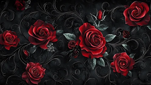 Red Roses on Black Ornamental Background