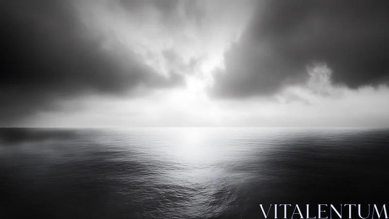 Monochrome ocean horizon under dense storm cloud bank.