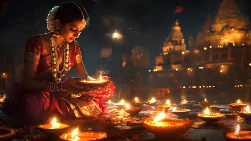 Young woman lights festival diyas beside illuminated temple.