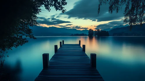 Wooden lake pier at dusk with calm water and mountains.