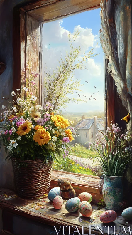 Spring cottage window scene with flowers and Easter eggs.
