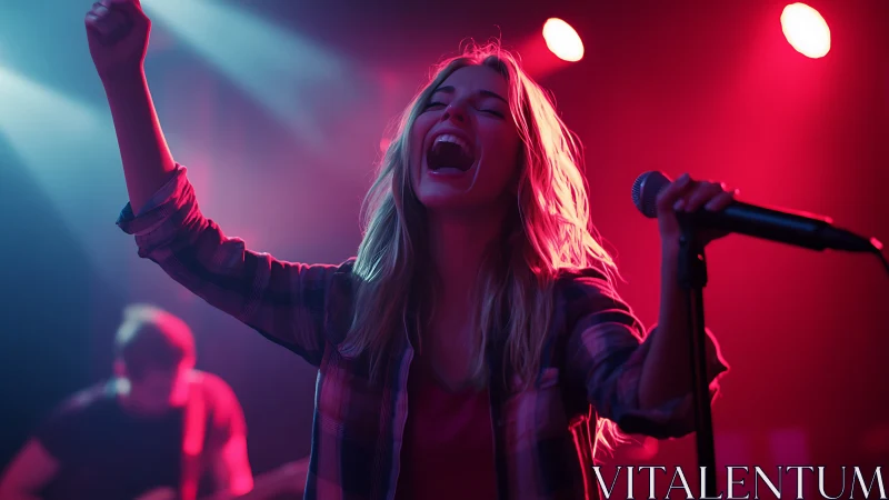 Joyful singer bathed in pink stage lights mid-performance.