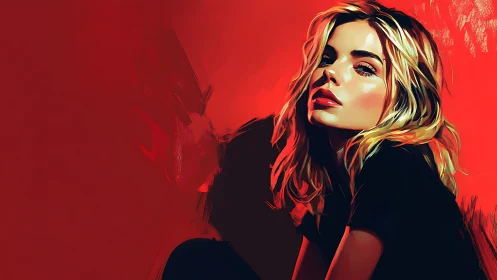 Bold digital portrait of blonde woman on vivid red field.