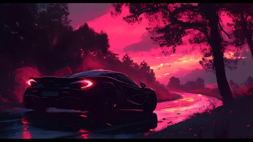 Sports car on wet forest road under saturated pink sky.
