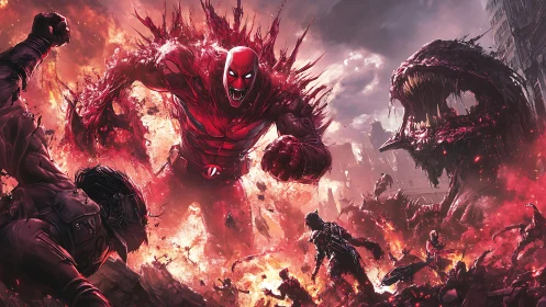 Symbiotic crimson titan erupts amid urban inferno with dynamic motion blur