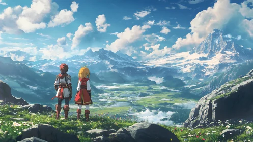 Anime duo surveying high-altitude glacial valley panorama.
