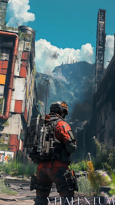 Lone wasteland explorer surveys neon-scarred ruin valley.