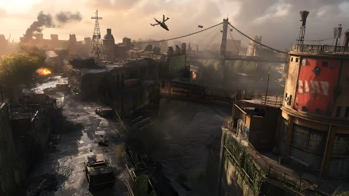 Postwar industrial riverside with damaged bridge and smoke.