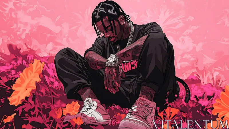 Chromatic vector portrait of seated rapper in floral field.