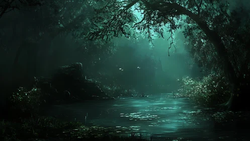 Bioluminescent Forest Cave with Flowing Water.