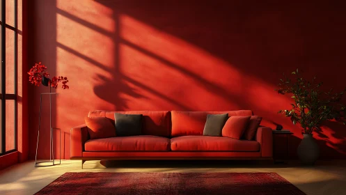 Red monochrome living room interior with modern sofa.