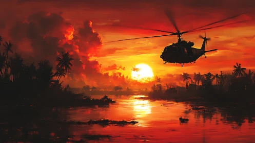 Helicopter crossing tropical river under blazing war sunset.