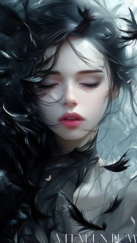 Female portrait with black feathers and closed eyes in water.