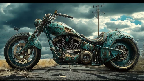 Weathered custom motorcycle stands on cracked rural road