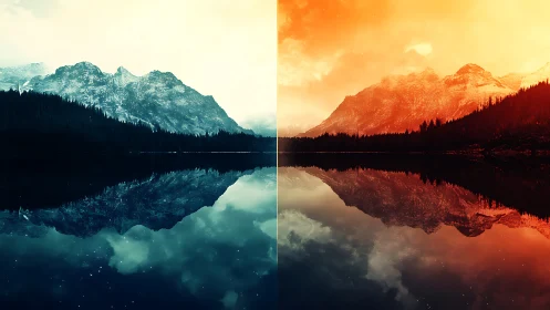 Split-tone alpine landscape with mirrored lake reflection.