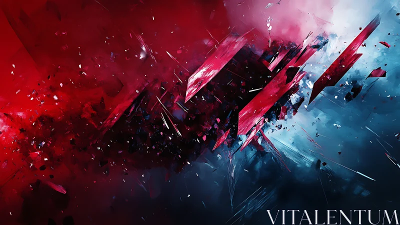 Angular crimson shards collide in a dynamic abstract digital field
