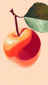 Digital illustration of single red cherry with leaf detail.