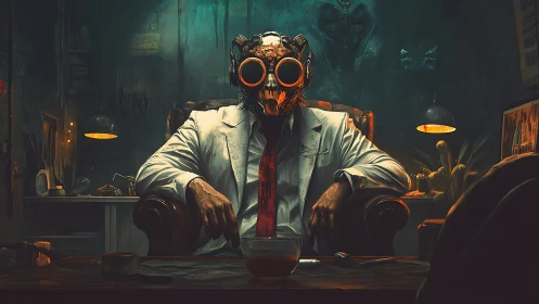 Masked figure in white suit seated in dark moody office.