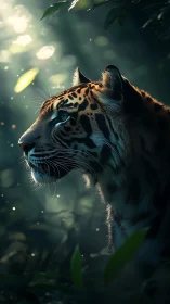 Sunlit tiger pauses softly in a tranquil emerald jungle