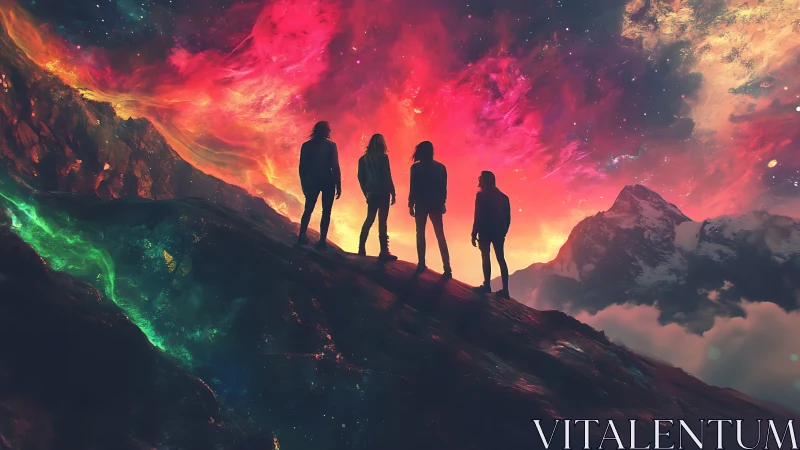Four silhouetted figures stand on ridge below nebula sky