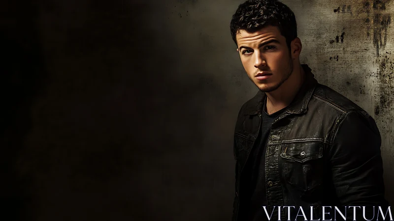 Male subject in dark jacket against textured wall background.