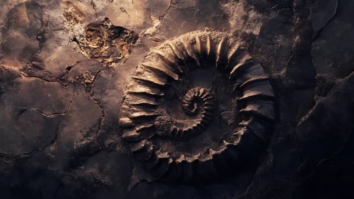 Ancient spiral fossil glowing softly in stormy stone dusk.