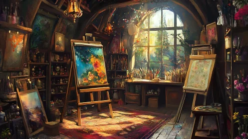 Digital painting of sunlit attic studio with easel focal point.