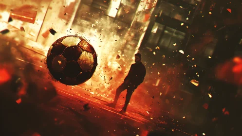 Soccer ball in explosive urban debris with silhouetted figure.