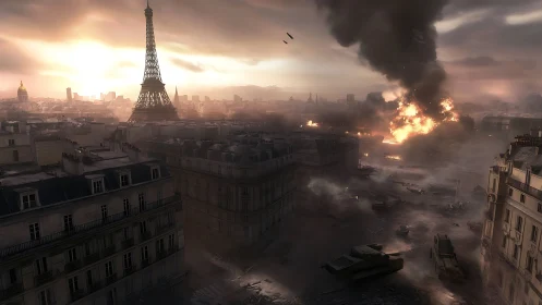 Sunset over Paris caught between beauty and destruction.