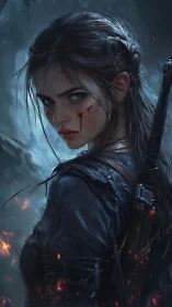 Scarred warrior turns in the embers of a dark, stormy night.