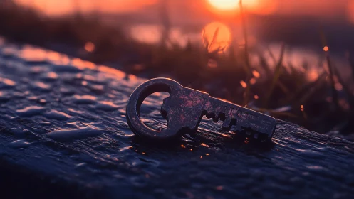 Photorealistic macro of wet metal key at sunset horizon.